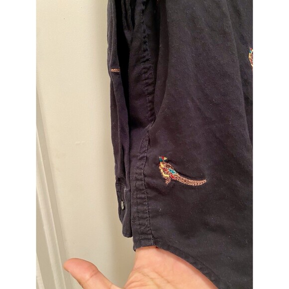 LL Bean Signature Oversized Button Down Shirt XS Blck Embroidered Pheasant Tunic - Picture 5 of 8